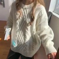 White Cream Long-Sleeve Plain Cable Knit Sweater