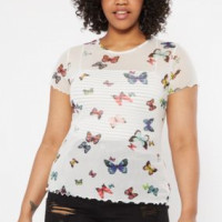 Plus Ivory Butterfly Print Mesh Lettuce Edge Top