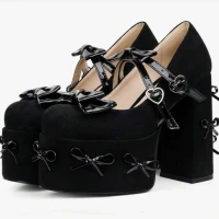 Womens Mary Jane Heels Platform Chunky Bow Heels Goth Round Toe Shoes Chunky High Heel Y2K Heels | SHEIN USA