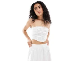 Miss Selfridge satin lace ruched bandeau top in cream