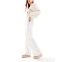 Stradivarius linen look pull on trouser in white