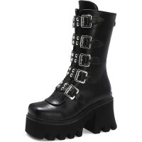 Amazon.com | YIYA Women&#39;s Black Platform Goth Boots Studded Wide Mid Calf Combat Punk Boots Round Toe Buckle Chunky Heel Back Zipper Thick Sole Ankle Booties | Ankle &amp; Bootie