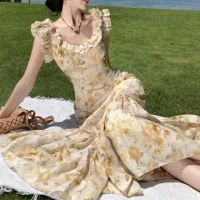 Sleeveless U-Neck Floral Print Maxi A-Line Dress Camisole Vintage Yellow