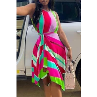 Plus Size Casual Sleeveless Striped Print Asymmetrical Summer Midi Dresses
