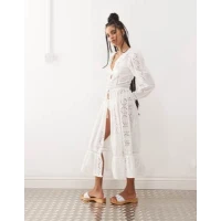 Reclaimed Vintage tie front beach cover up in white broderie