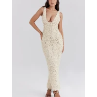 Carena Creme Plunge Floral Appliqué Maxi Dress