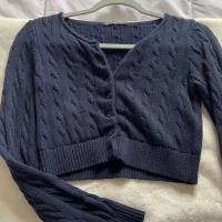 Navy Blue Knit Cropped Button Up Sweater