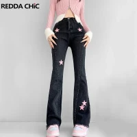 REDDACHiC Goth Pink Star Flared Jeans Acubi Fashion Pants Grunge Y2k Stretchy Ladies Trousers Grayu Fashion Harajuku Streetwear