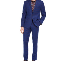 Billy London Mens Slim-Fit Performance Stretch Blue/Burgundy Plaid Suit