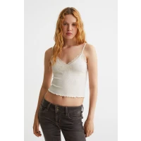 Lace-trimmed ribbed top - Cream - Ladies | H&amp;M GB