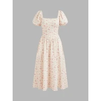 Square Neck Floral Corset Lace Up Midi Dress