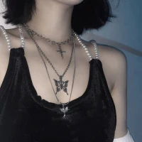 Porstina - Set Of 3: Angel Pendant Necklace + Butterfly Pendant Necklace + Cross Pendant Necklace