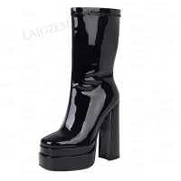 LAIGZEM Women Calf Boots Side Zip Platform Block Thick High Heels Boots Faux Leather Ladies Shoes Woman Big Size 36 39 42 43