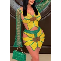 Green Yellow Sexy Solid Bandage Hollowed Out Patchwork Backless V Neck Long Sleeve Two Pieces