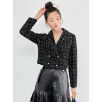 Double Button Plaid Tweed Blazer
