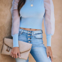 Glowing Halo Sheer Puff Sleeve Knit Top - Light Blue
