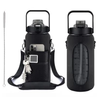 Half Gallon Water Bottle With Sleeve 64oz (2L) Inspirational Water Bottle With Straw and Time Stamp, Leak-Proof Tritan BPA-Free Bottle, Large Water Jug for Daily Hydration, Sports Bottles