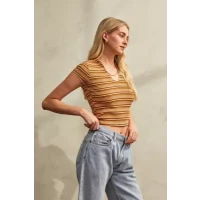 UO Stripe Nala Notch Neck Top - Orange S at Urban Outfitters