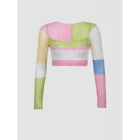 Color Block Print Hollow-Out Textured Sweater