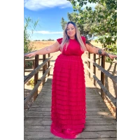 Plus Size Elegant Barbie Pink Criss Cross Lace Up Ruffle Sleeves Frilly Tulle Tiered Maxi Dress