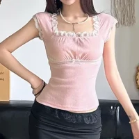Pink Coquette Lace Bow Square-Neck Lace-Trim Slim-Fit Crop Tank Top