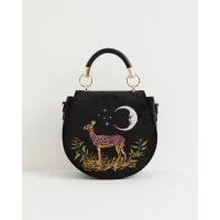Deer & Moon Velvet Embroidered Saddle Bag - Black
