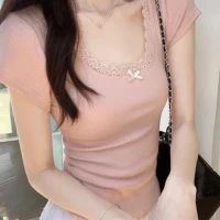 Cap Sleeve Scoop-Neck Lace-Trim Bow Accent Ribbed Top