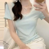 Short-Sleeve Scoop Neck Plain Bow Accent Lace Trim Slim Fit Crop T-Shirt