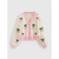 ROMWE Kawaii Women's Cute 3D Cherry Print Long Sleeve Single-Breasted Casual Cardigan