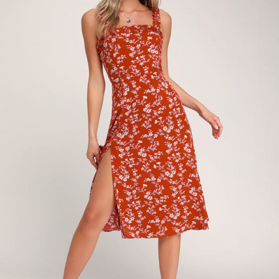 Garden Date Red Orange Floral Print Ruffle Midi Dress | Lulus