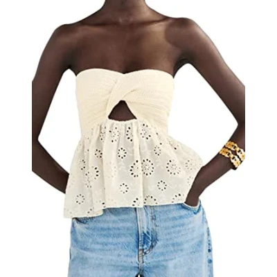 Twist Knot Knit Bandeau Tube Top Embroidery Strapless Off Shoulder