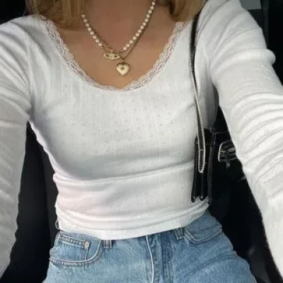 Long Sleeve Lace-Trim Pointelle Crop Top