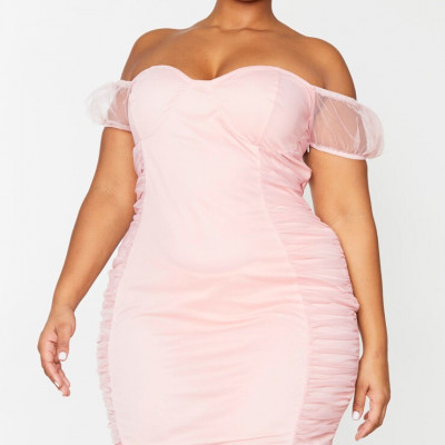 Plus Pink Ruched Bardot Sleeve Bodycon Dress