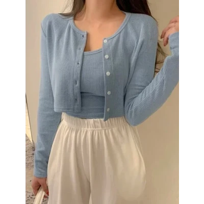 DAZY Rib-knit Crop Cami Top & Button Front Tee