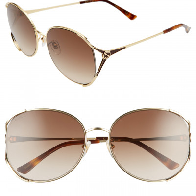 Womens Gucci 59mm Round Sunglasses - Gold/ Brown