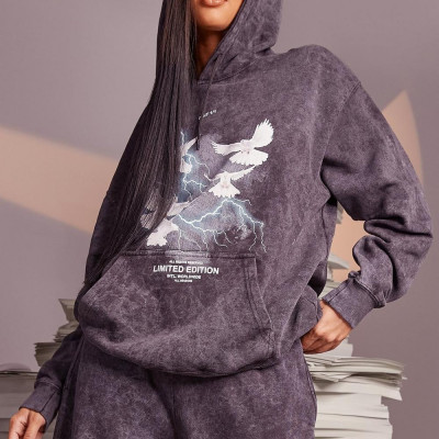 Acid Wash Dove Lightening Oversized Hoodie