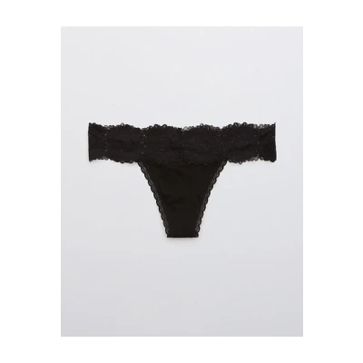 Aerie Shine Sunflower Lace Thong Underwear Womens True Black