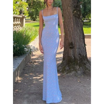 Backless Floral Print Bodycon Maxi Dress