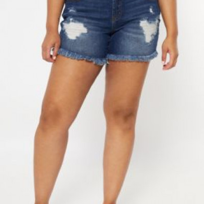Plus Throwback Dark Wash Frayed Jean Shorts