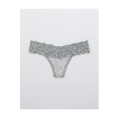 Aerie Cotton Eyelash Lace Thong Underwear Womens Medium Heather Gray