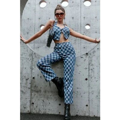 Checkered Lace Up Cropped Top and Pants Set