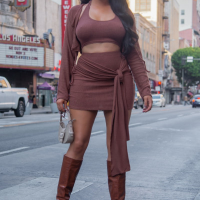 Chocolate Tie Detail Brushed Rib Mini Skirt
