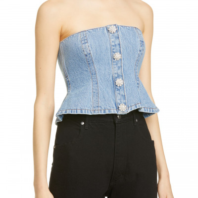 Womens Ganni Washed Denim Strapless Peplum Top