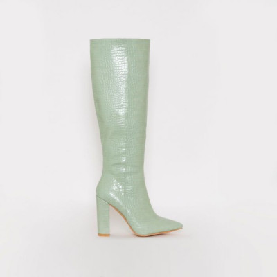 Viena Light Mint Croc Print Block Heel Knee Boots