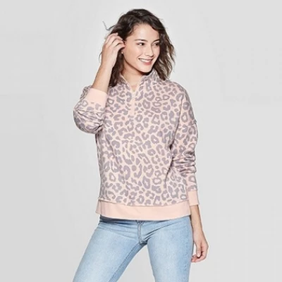 Women's Leopard Print Long Sleeve 1/4 Zip Sweatshirt - Grayson Threads - Pink
