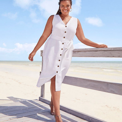 Loft Linen Blend Button Tie Waist Dress