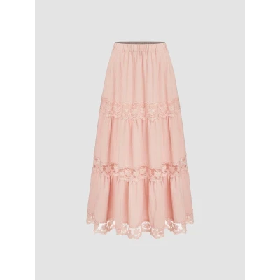 Woven Mid Rise Lace Ruffle Tiered Maxi Skirt