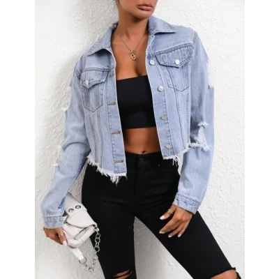 SHEIN Essnce Ripped Raw Hem Crop Denim Jacket