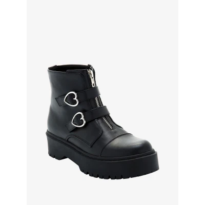 Black Heart Buckle Platform Ankle Boots