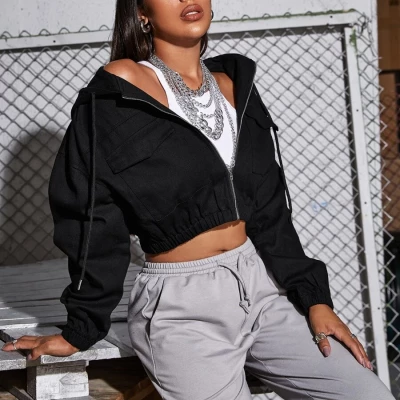 Zip Up Pocket Front Drawstring Hooded Jacket